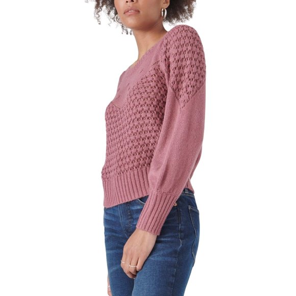 LUCKY BRAND | Mauve Chunky Open Knit Balloon Sleeve Crew Neck Sweater | Size S - Picture 2 of 13